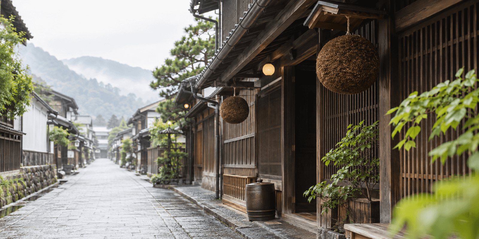 杉玉が下がる伝統的な酒蔵の町並み