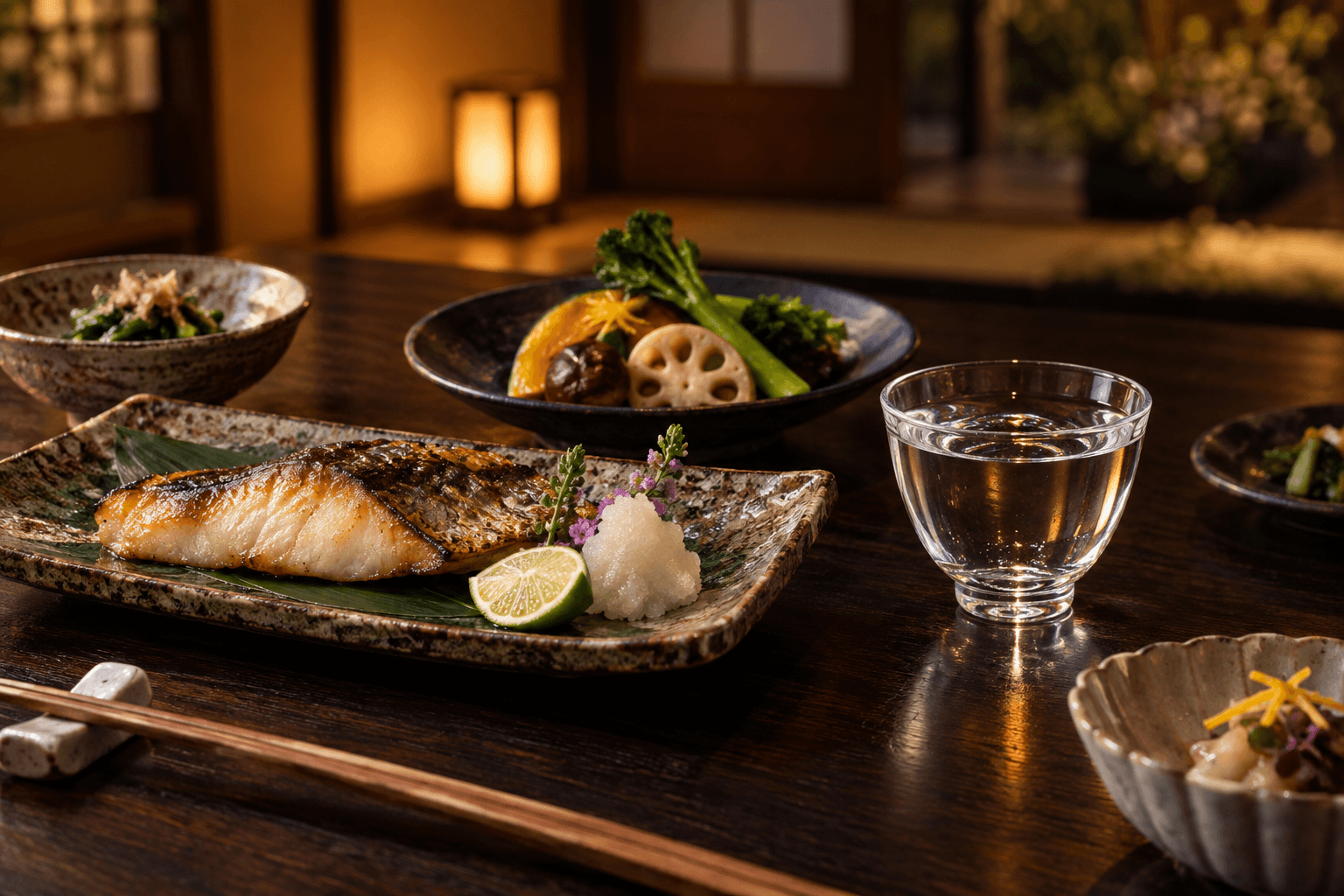 季節の料理と透明な酒器