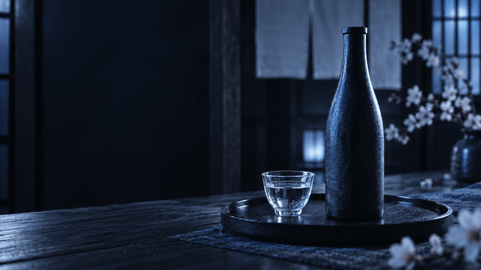 月明かりの和室に置かれた酒と酒器