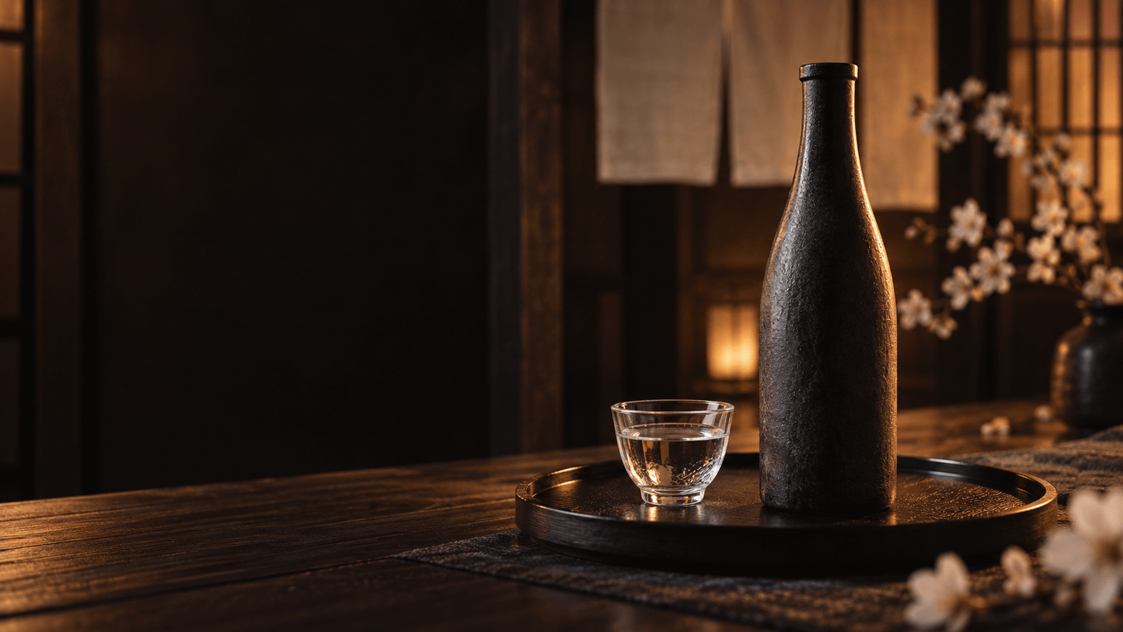温かな和室に置かれた酒と酒器