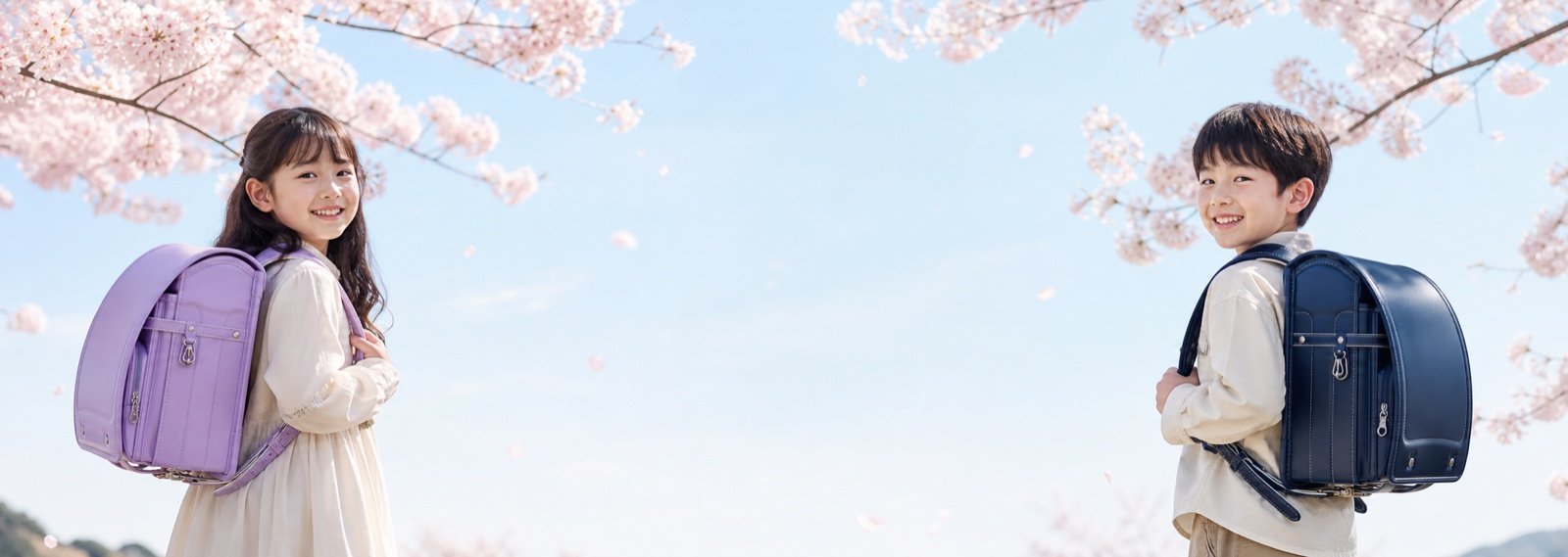 桜の季節にランドセルを背負う子どもたち