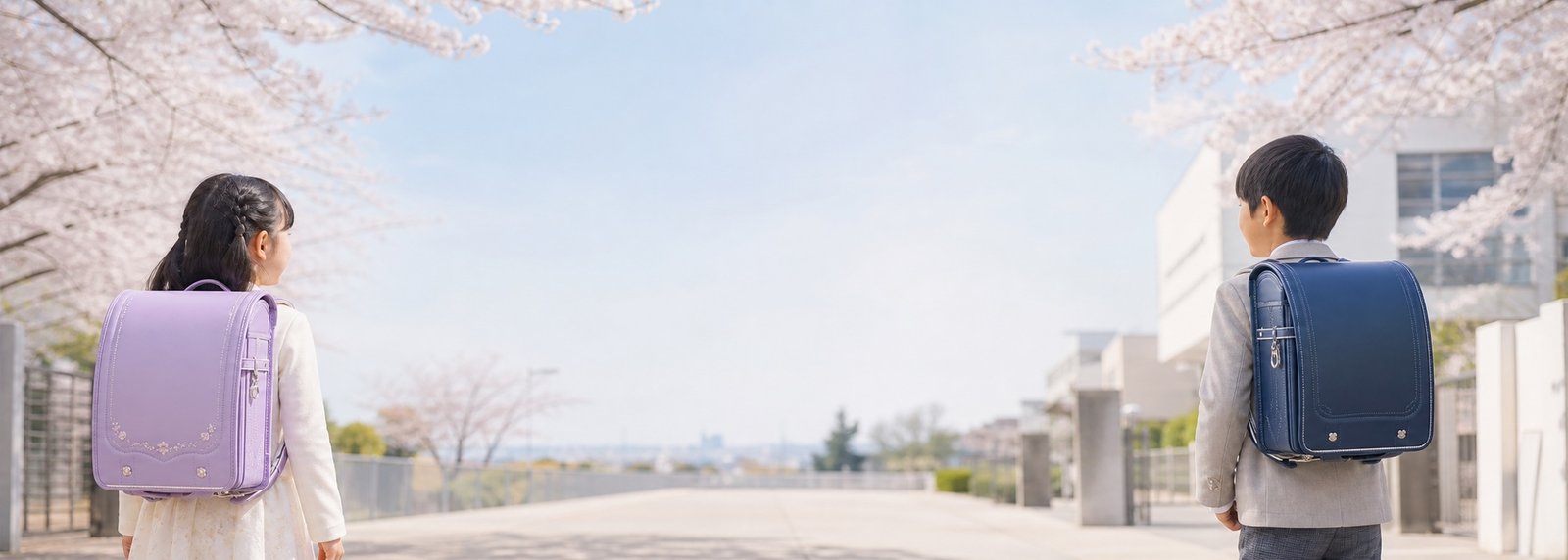桜の季節にランドセルを背負って歩く二人の子ども